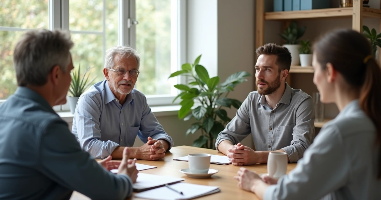 Personas de distintas edades conversando en una mesa de trabajo 