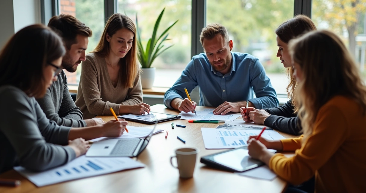 Grupo de personas discutiendo sobre inversión en un escritorio