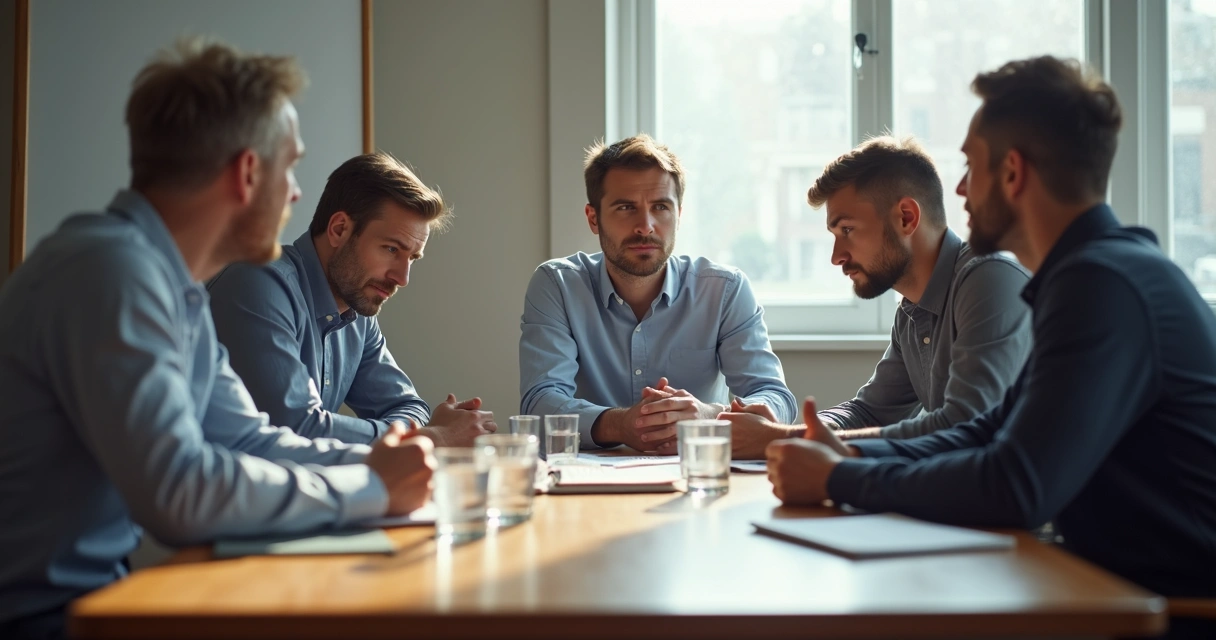 Grupo en reunión observando una situación con gestos de duda y reflexión 