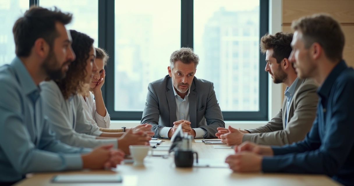 Personas en una reunión laboral evitan contacto visual porque se sienten incómodos