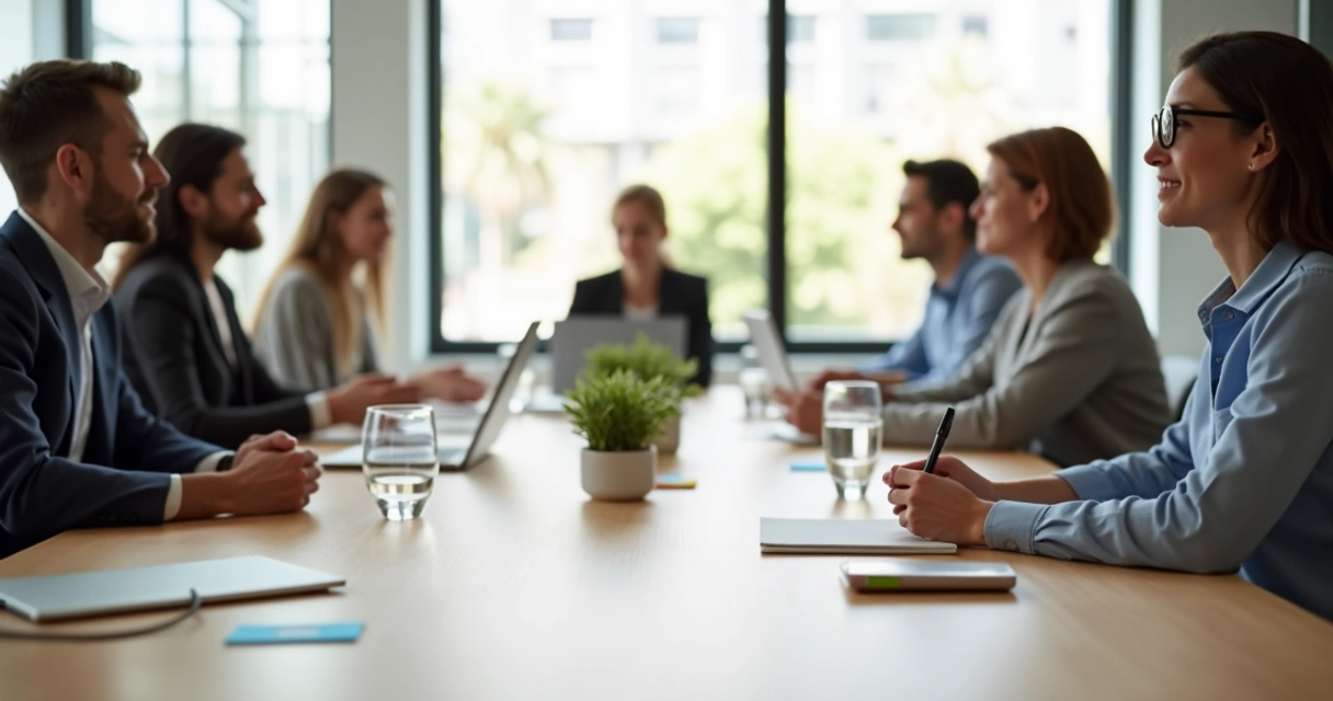 Equipo en reunión laboral practicando atención plena en una sala de juntas luminosa 