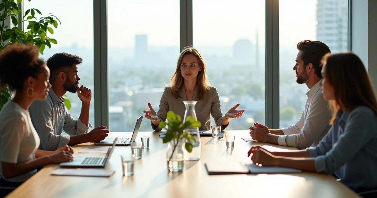 Equipo en reunión laboral practicando consciencia plena 