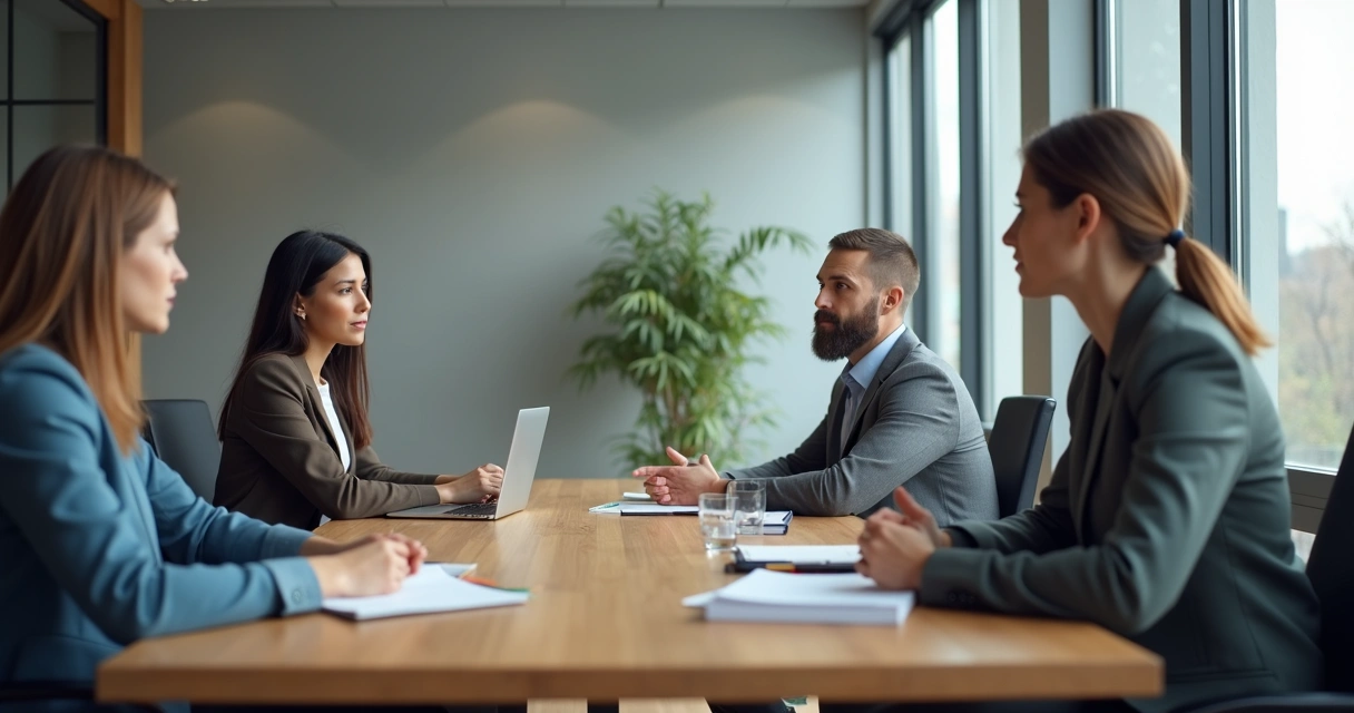 Reunión laboral con personas dialogando en una mesa 