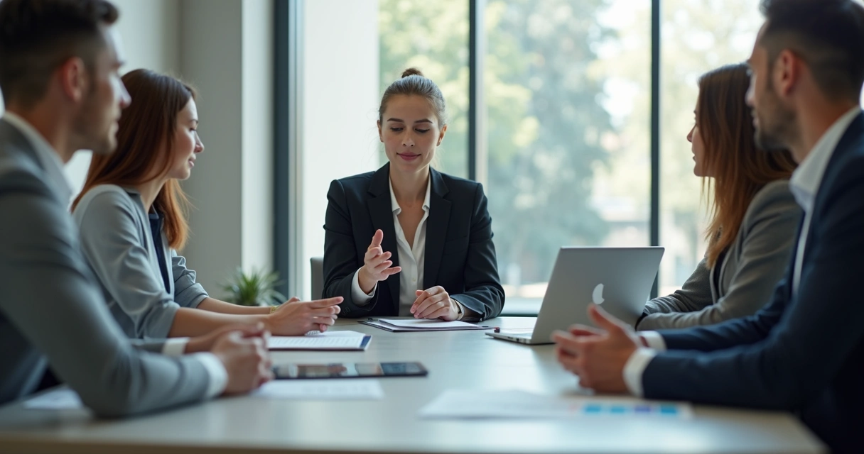 Personas en reunión laboral, una persona señala pausadamente con la mano, mostrando límites en la conversación. 