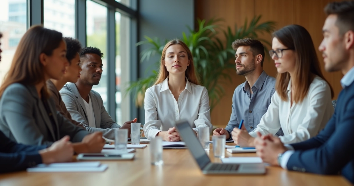 Personas en una reunión laboral practicando presencia plena alrededor de una mesa de trabajo 