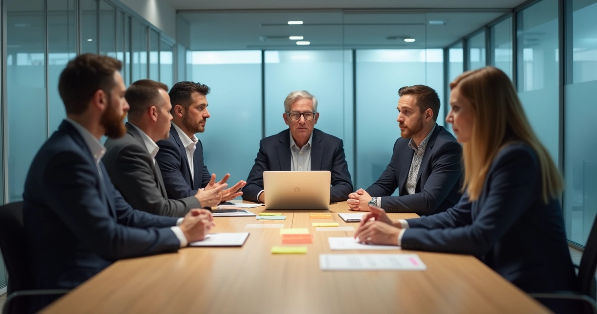Reunión de trabajo con gestos tensos y comunicación confusa