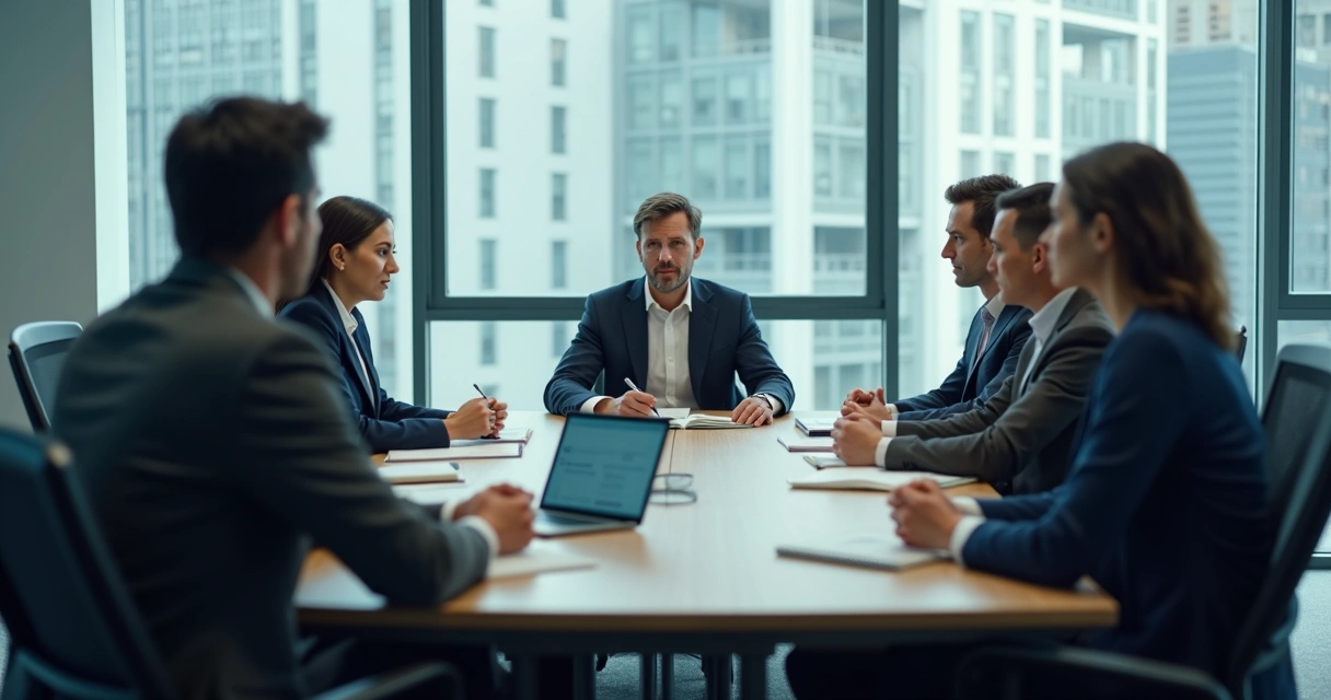 Reunión de equipo en oficina con ambiente tenso y silencio 