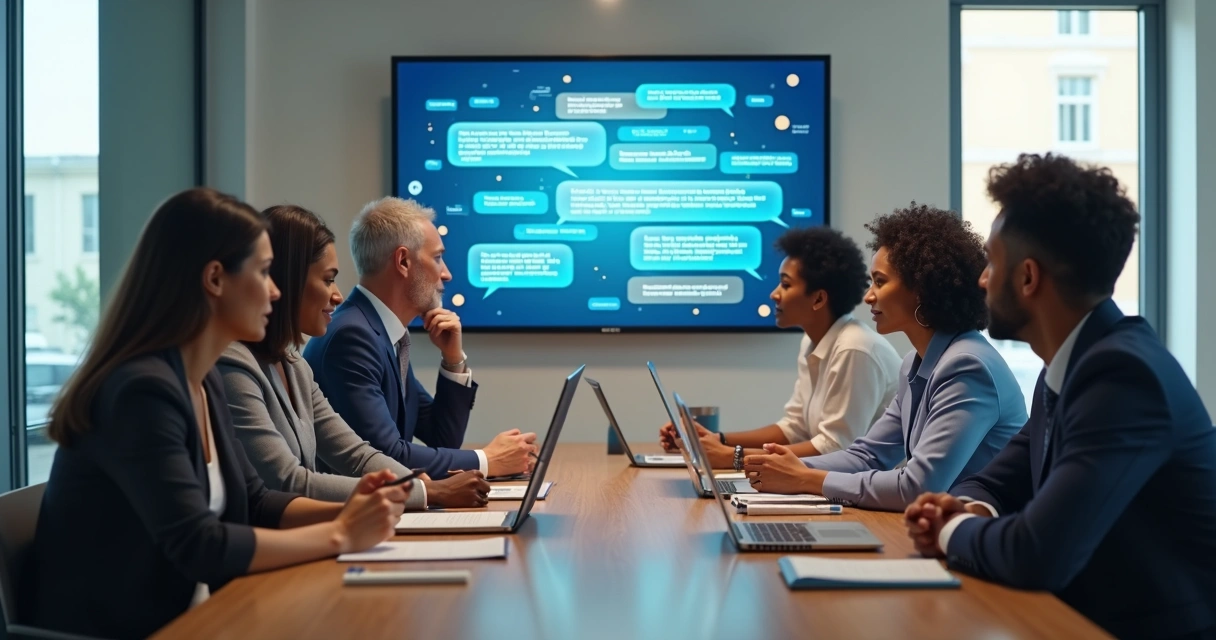 Equipo en reunión observando mensajes y expresiones en una pantalla 