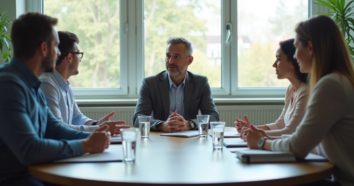 Líder conversando con equipo en sala de reuniones