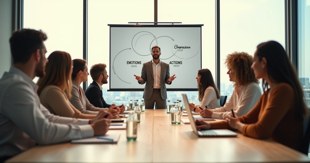 Líder guiando una reunión de trabajo consciente en sala moderna 