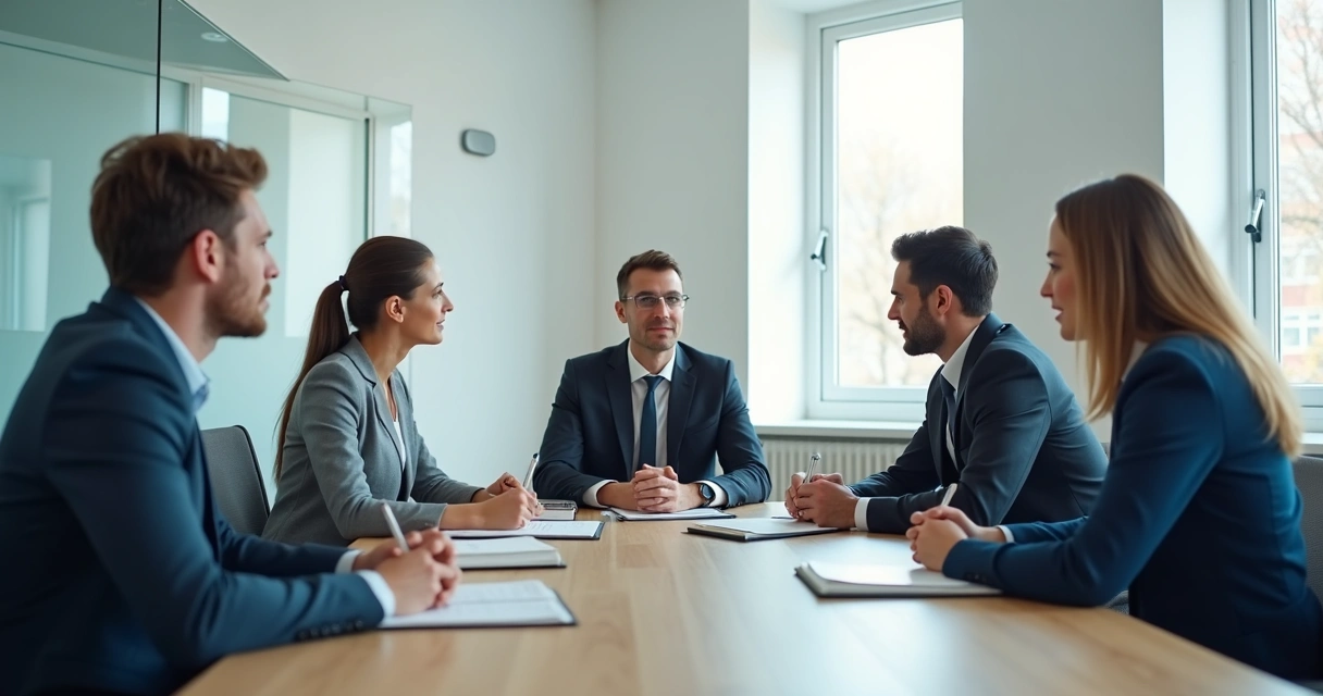 Equipo en reunión con líder escuchando y tomando notas