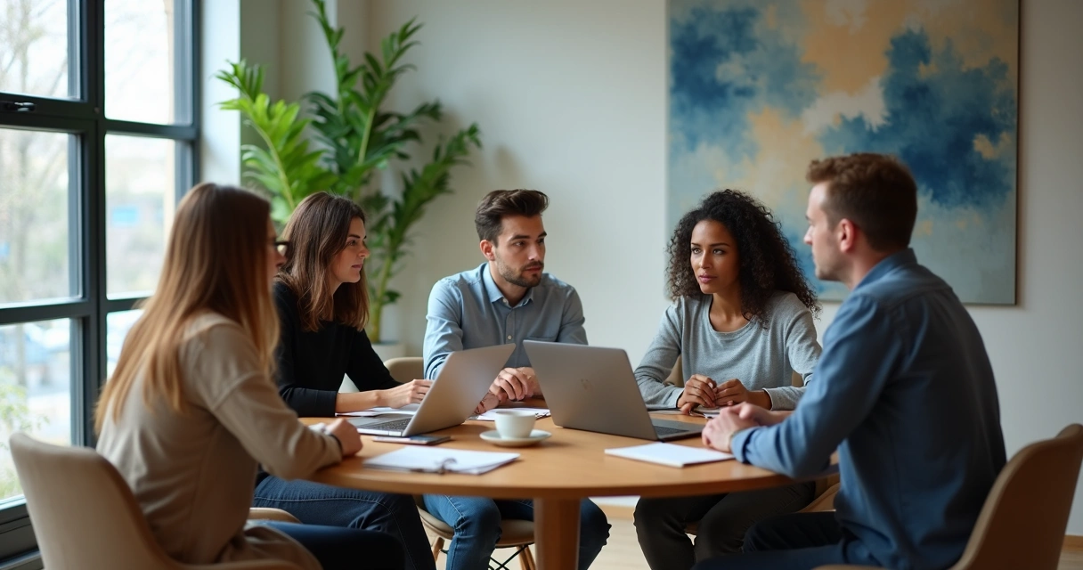 Reunión de líderes en oficina moderna con expresiones reflexivas 