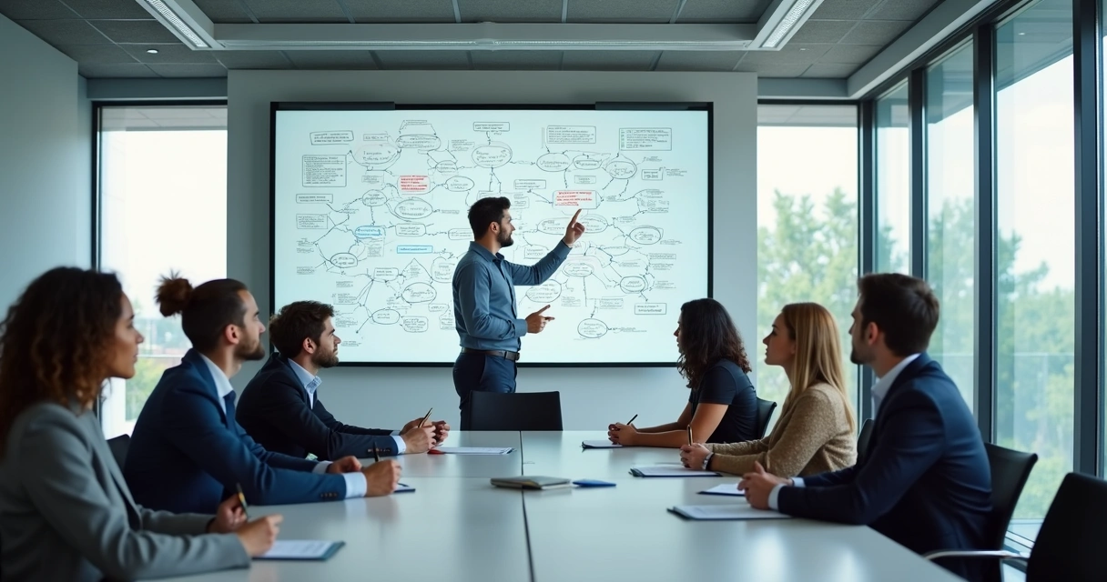 Equipo en reunión observando un mapa de relaciones y decisiones