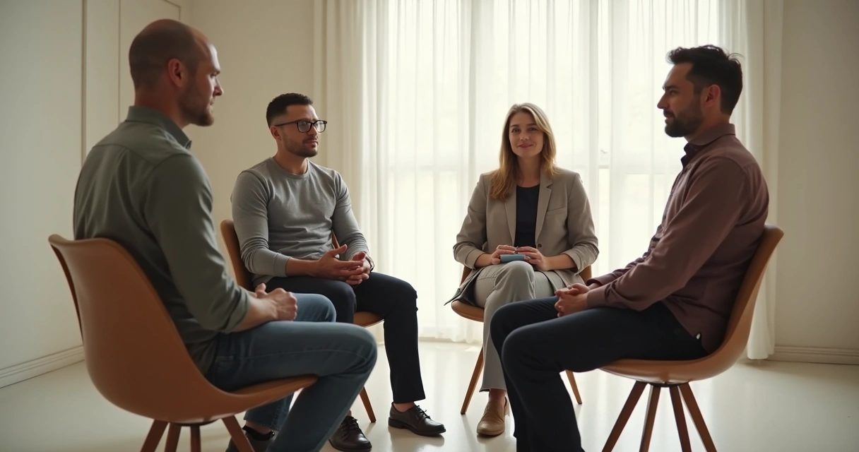 Personas conversando en una reunión con gestos de escucha y respeto