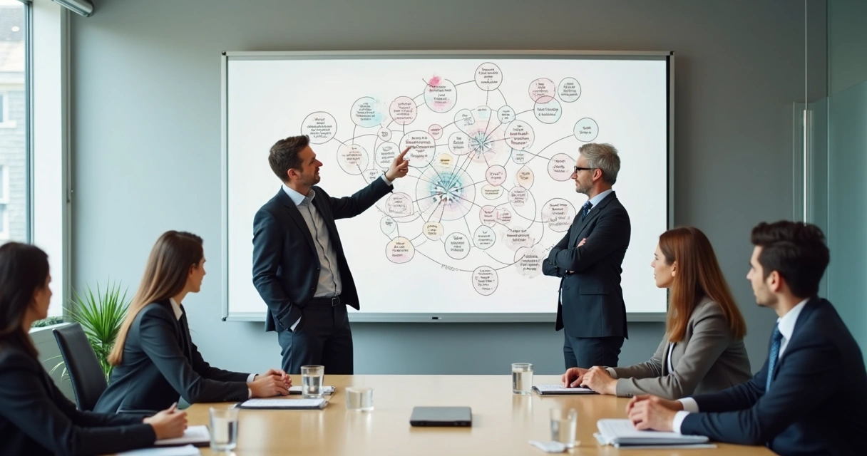 Equipo observando un mapa organizacional en una sala de reunión