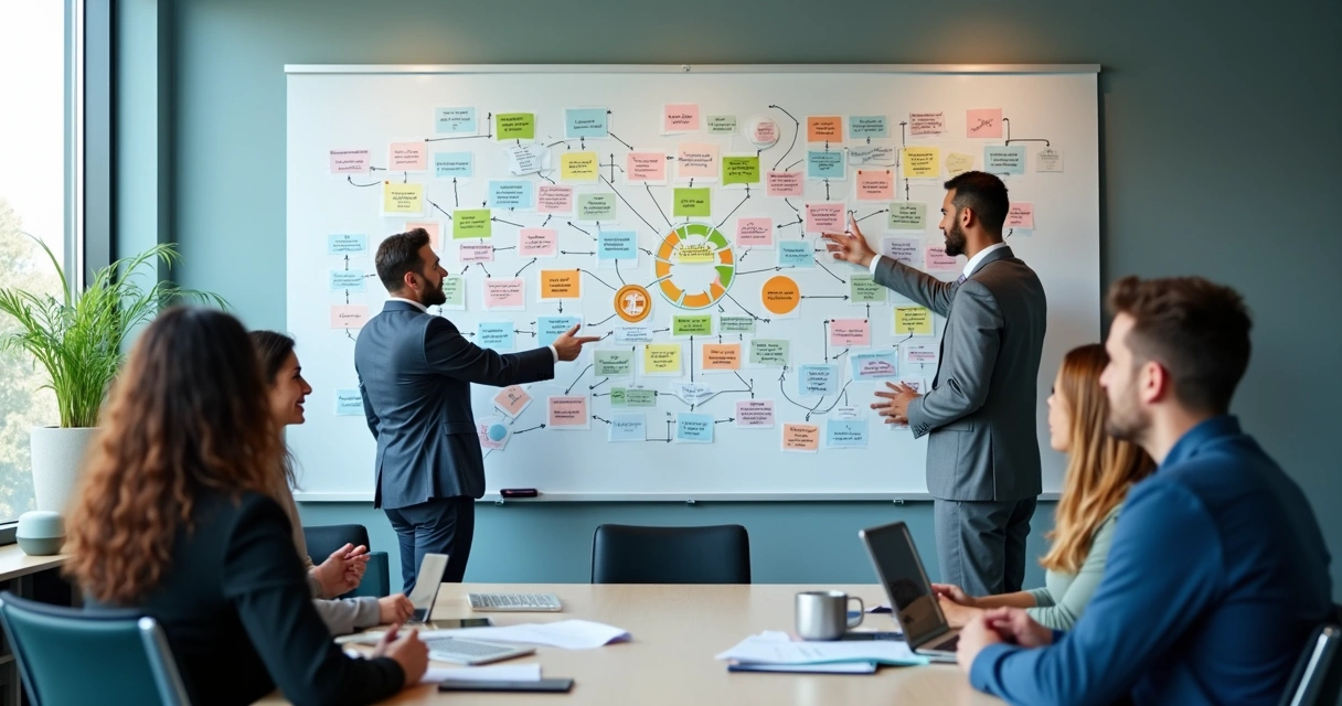 Equipo observando un mapa sistémico en una sala de reuniones 
