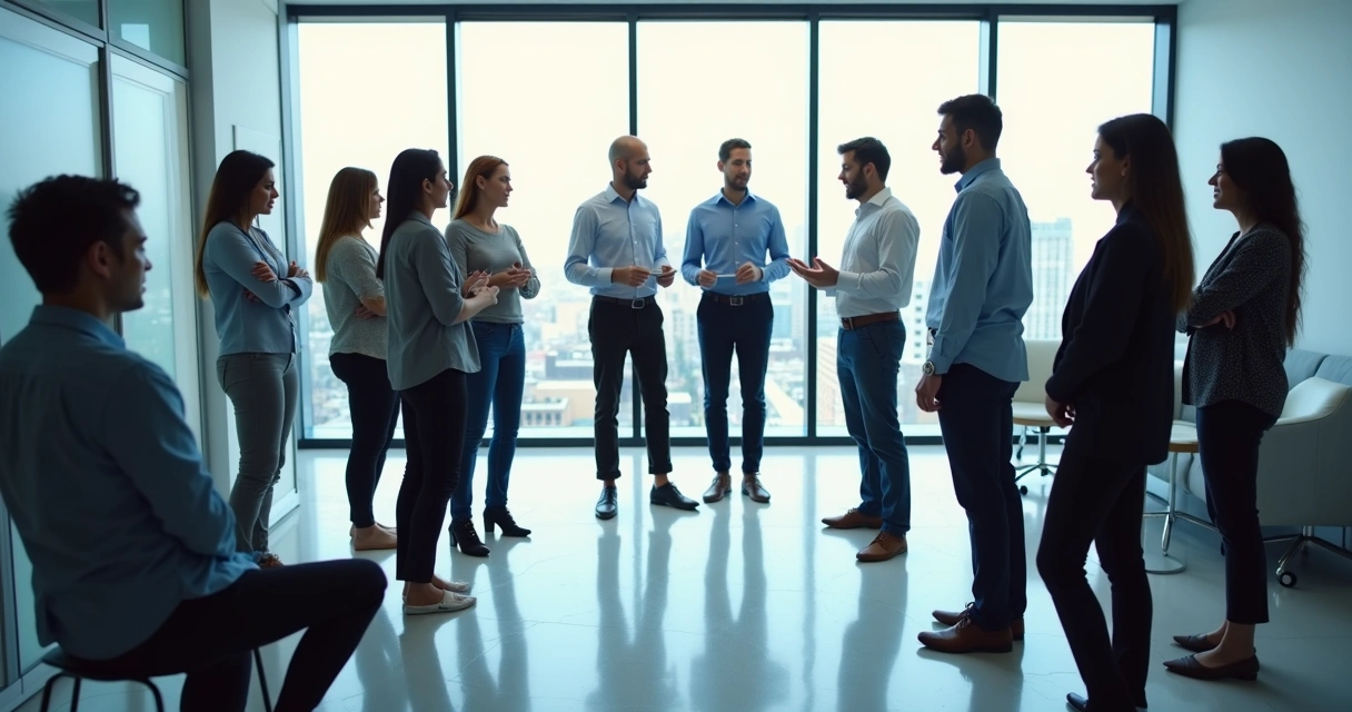 Equipo observando un mapa sistémico en una sala de reuniones 