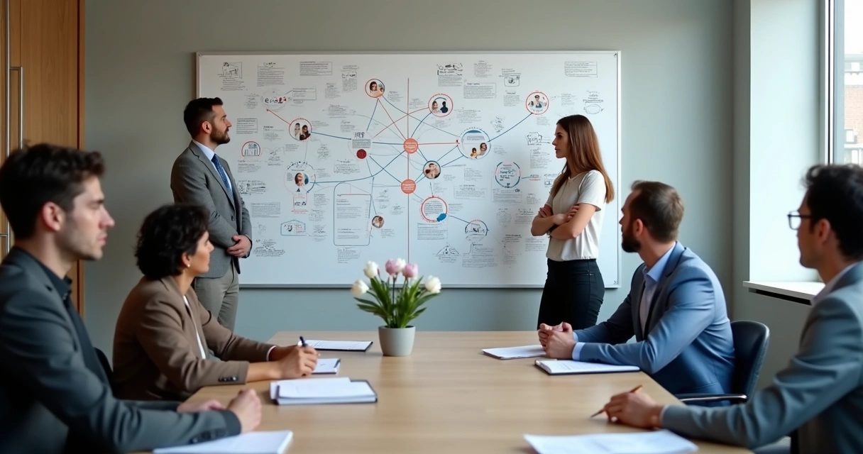 Equipo observando un mapa sistémico con conexiones y notas en una pared 
