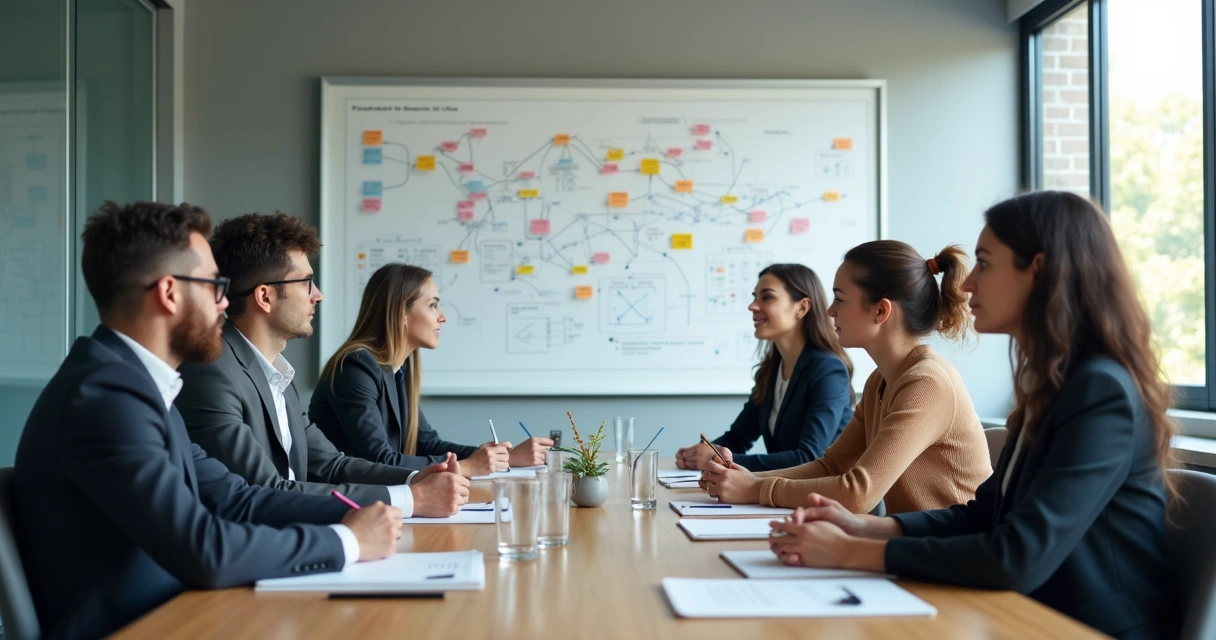 Equipo observando un mapa sistémico en una sala de reuniones
