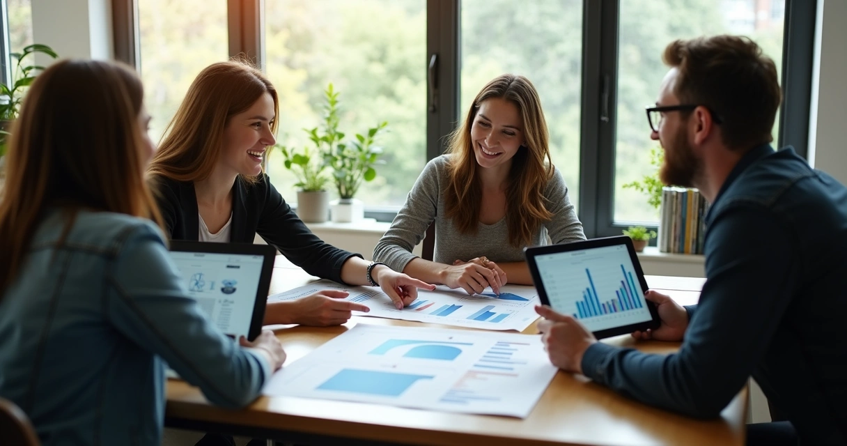 Personas en una reunión de una empresa, analizando datos y conversando 