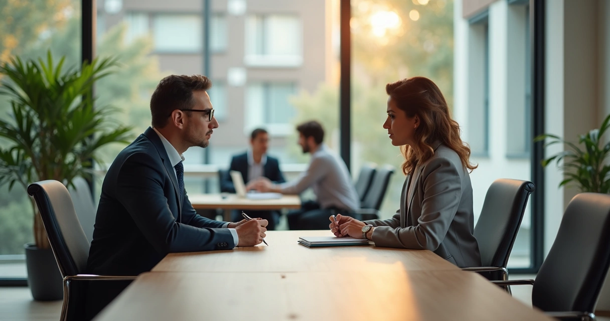Mentor y profesional conversando en una sala de reuniones moderna