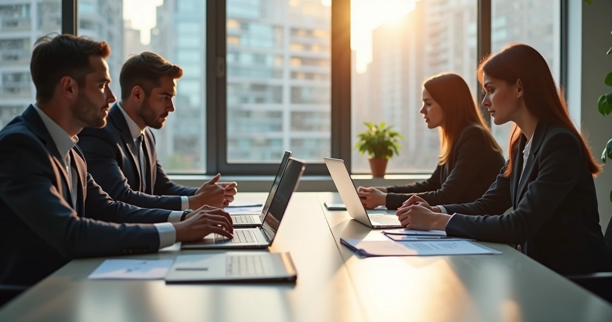 Personas alrededor de una mesa en reunión formal con expresión seria 