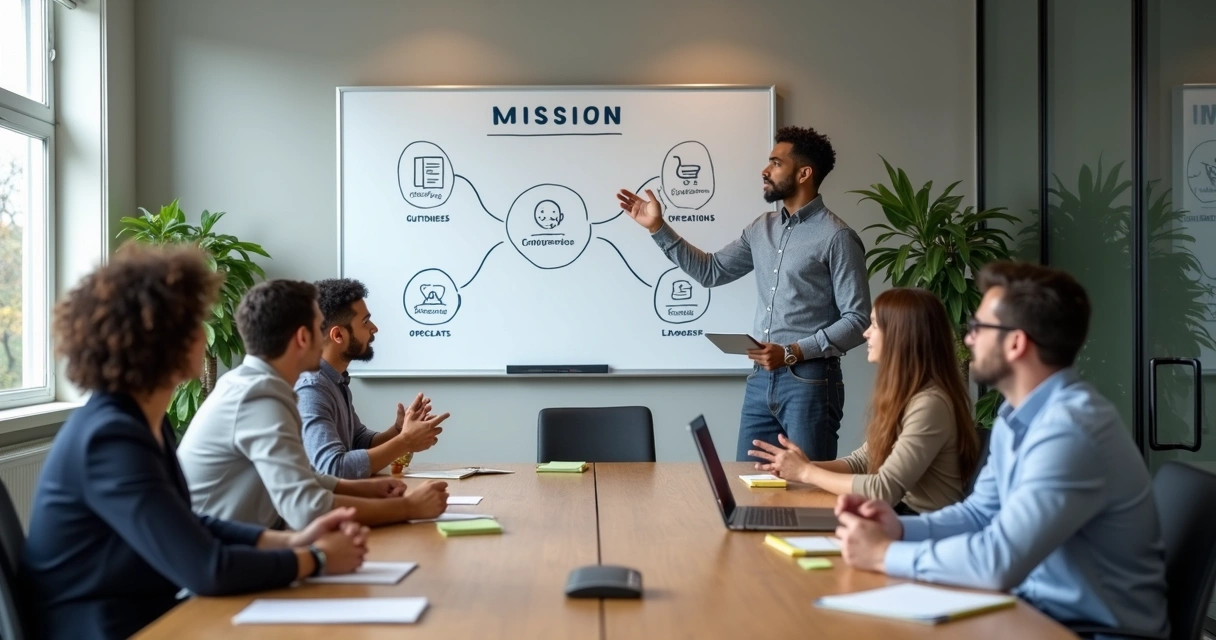 Equipo reunido frente a un tablero con la misión empresarial