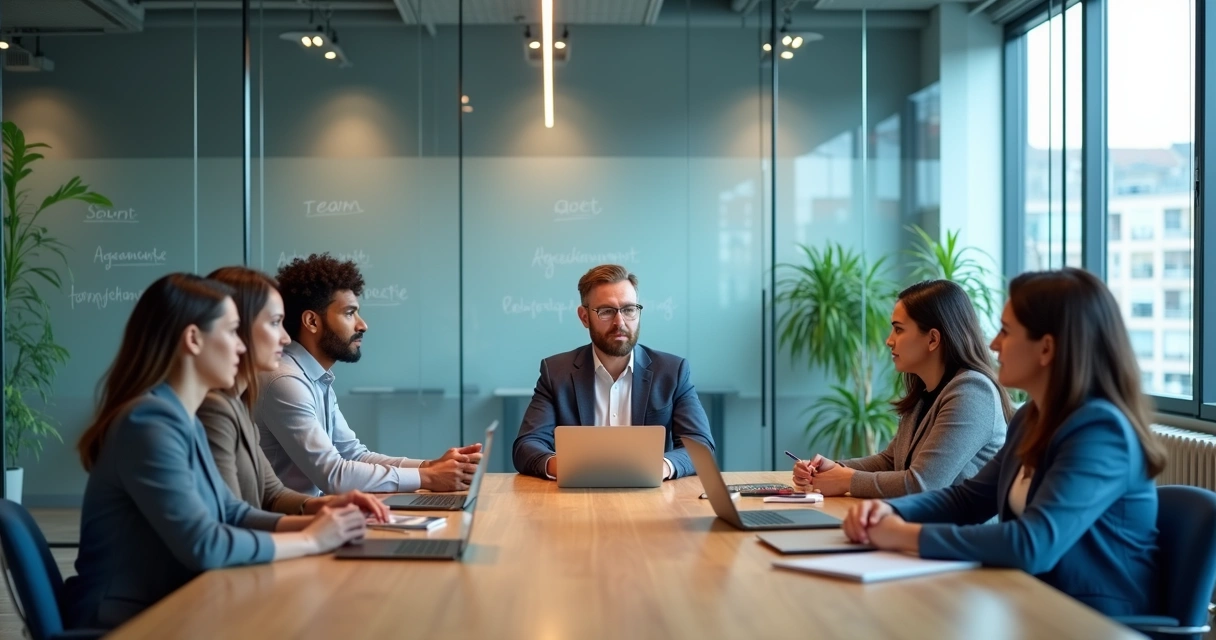 Equipo multicultural reunido con acuerdos visibles en una sala de trabajo