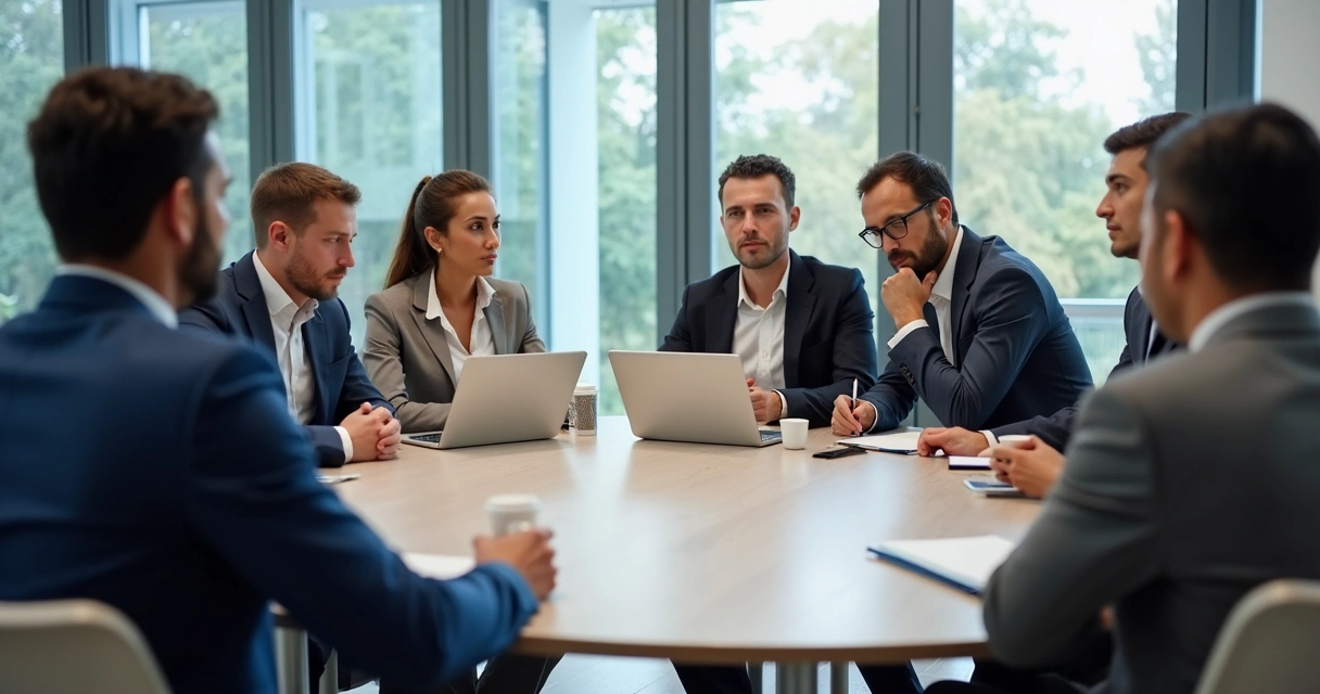 Equipo multicultural en reunión con gestos de tensión y escucha