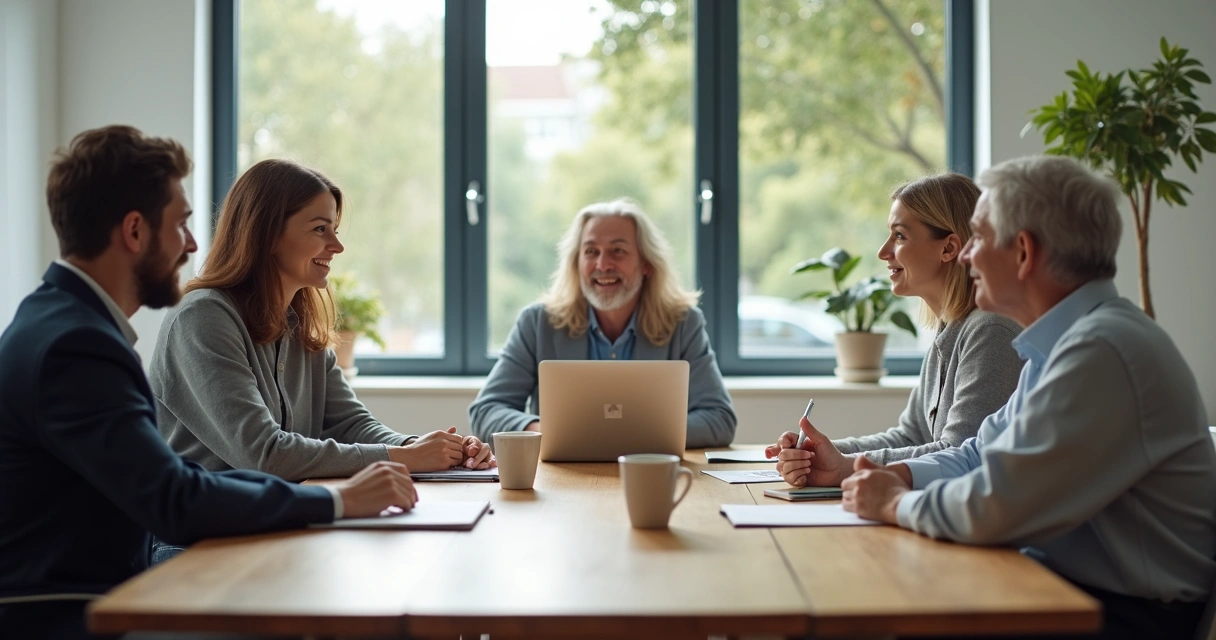 Equipo multigeneracional reunido en una mesa de trabajo