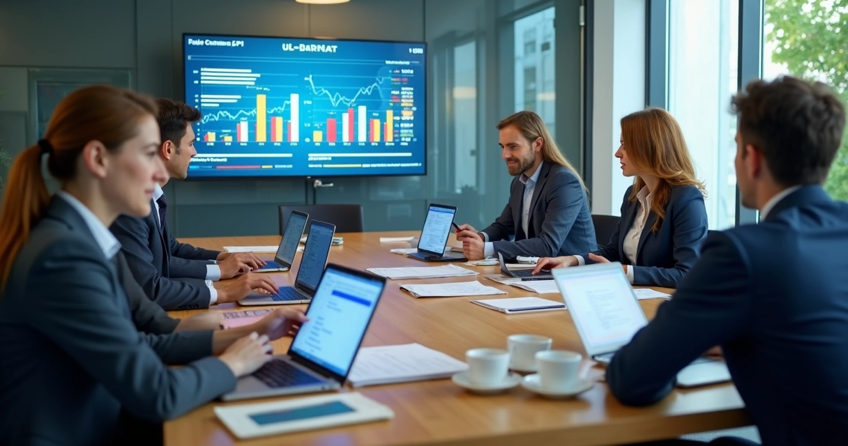 Equipo en reunión con gráficos distintos y señales de prioridades cruzadas