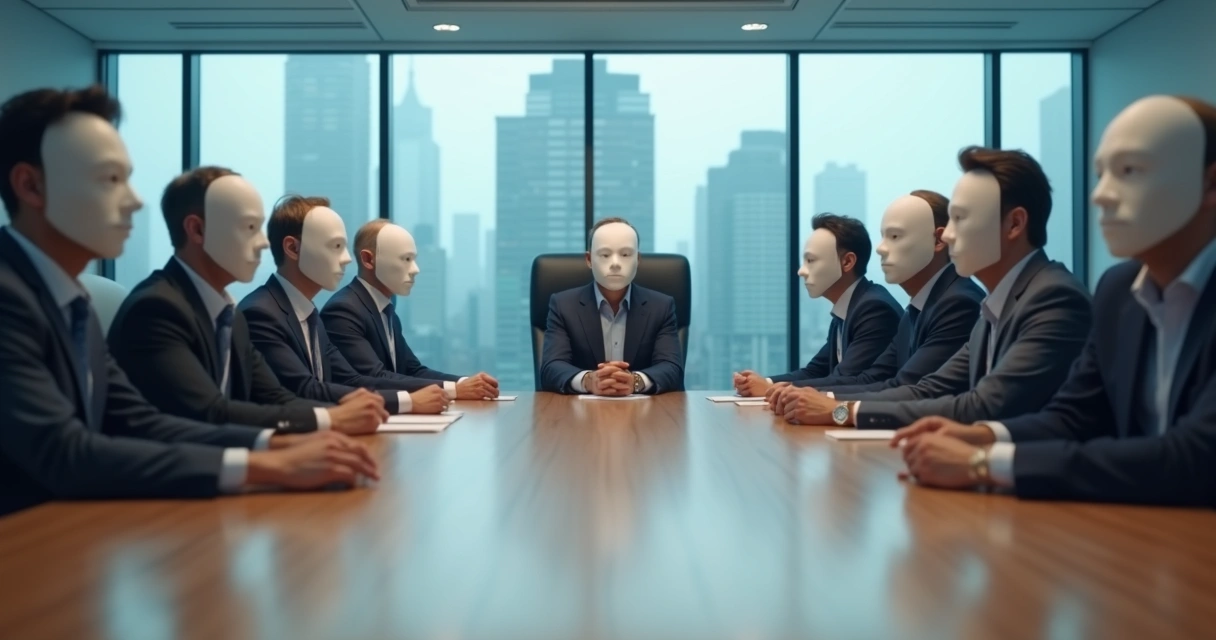 Equipo de oficina en reunión con máscaras blancas en contraste con una única persona sin máscara 