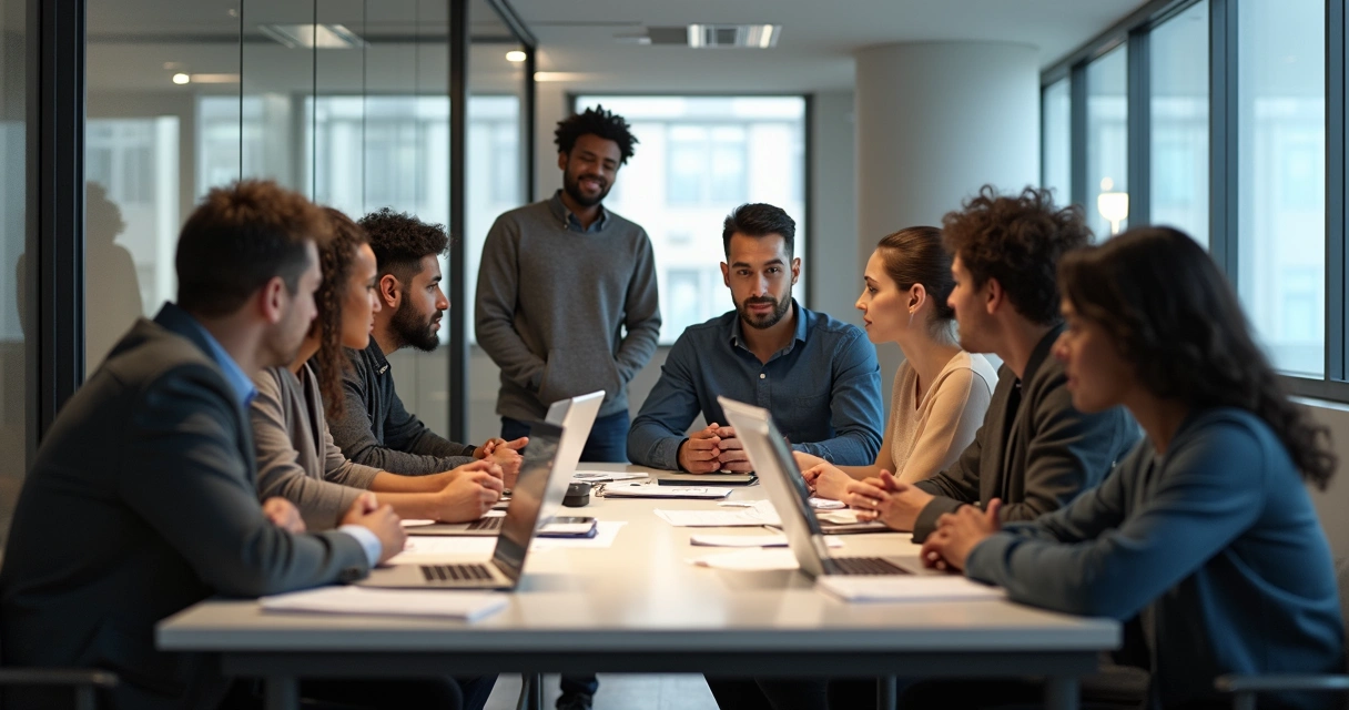 Grupo de personas en una oficina compartiendo ideas en una reunión informal, con expresiones de reflexión. 