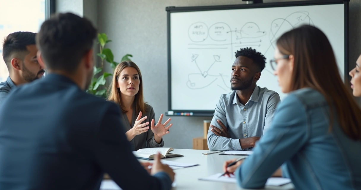 Grupo reunido repitiendo roles sociales en una oficina