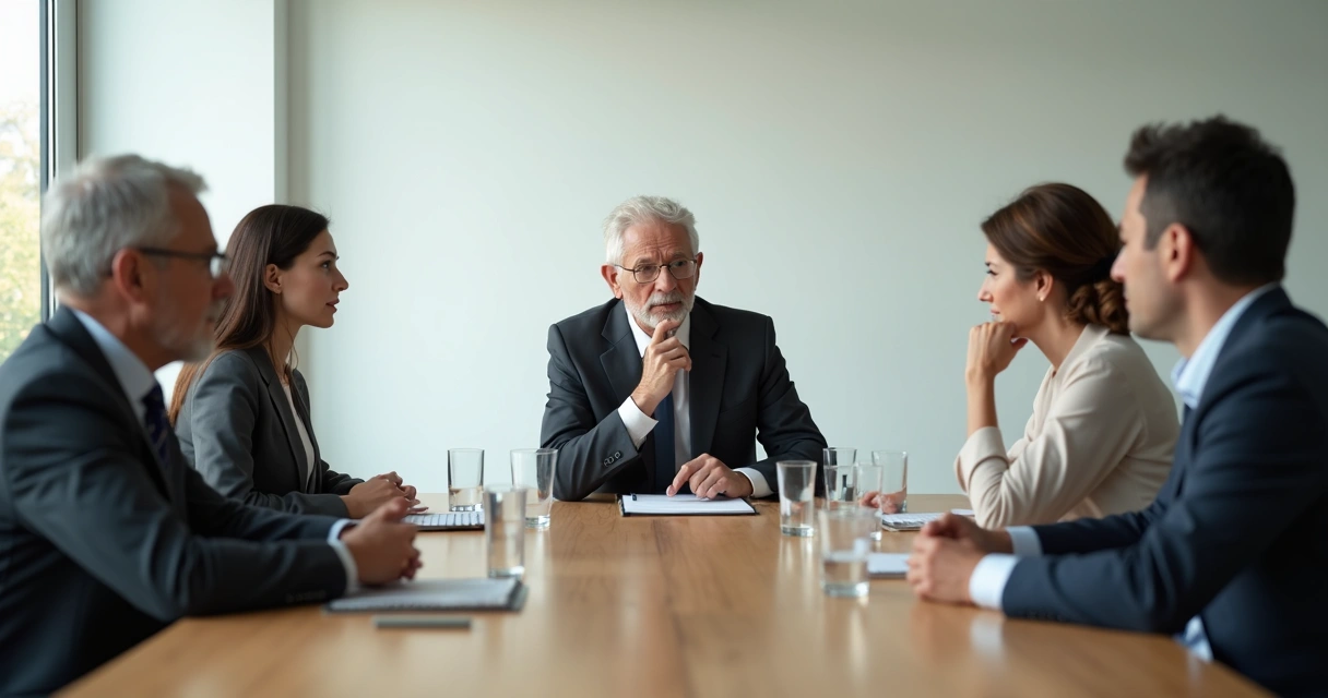 Equipo en reunión guardando una pausa reflexiva 