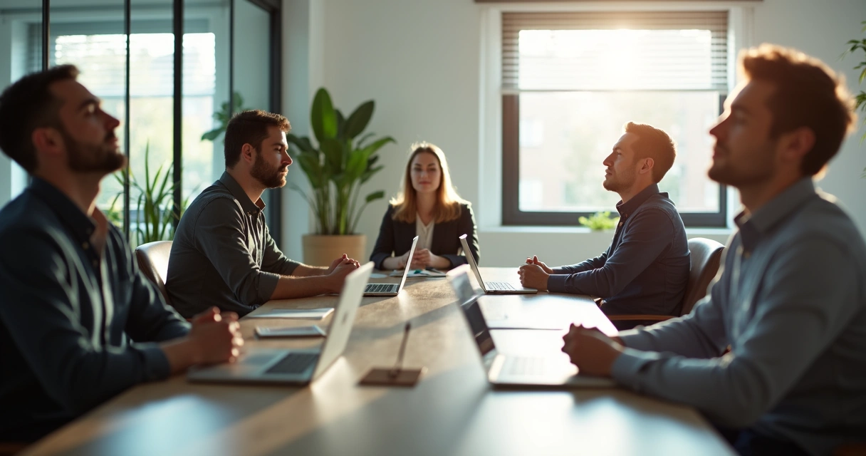 Reunión de colaboradores en pausa reflexiva 