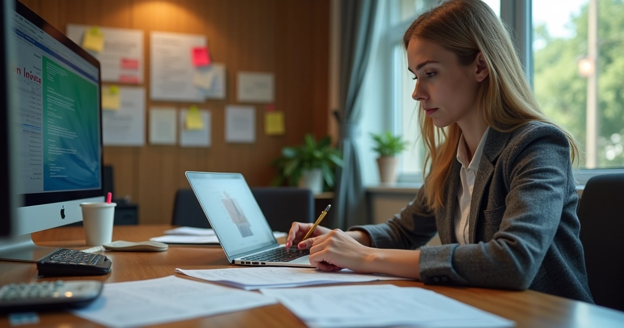 Empleada revisando cuentas y facturas en una pequeña empresa 