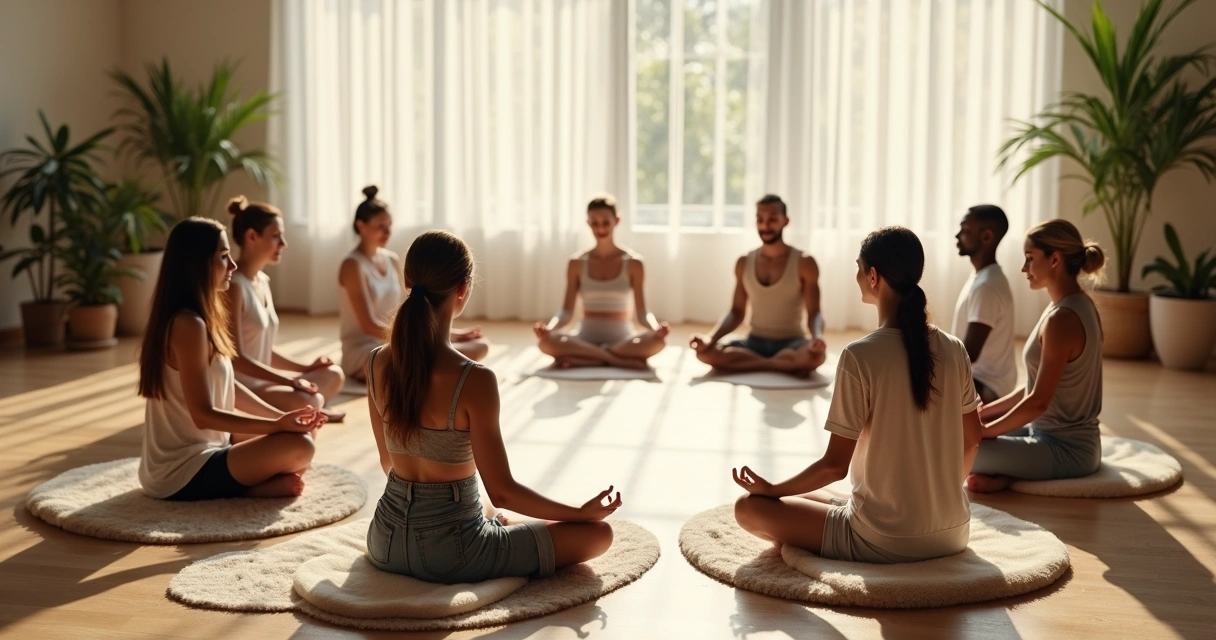 Grupo de personas en círculo meditando, mostrando calma y apoyo mutuo. 