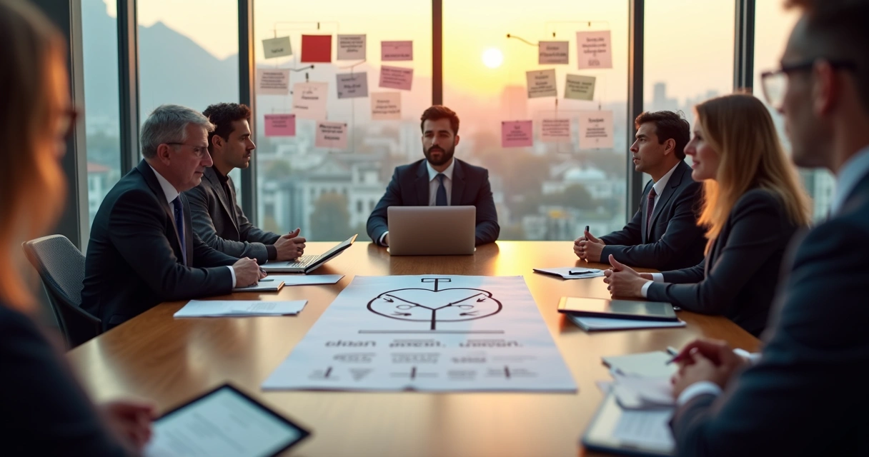 Reunión política diversa alrededor de una mesa tomando decisiones con enfoque empático 