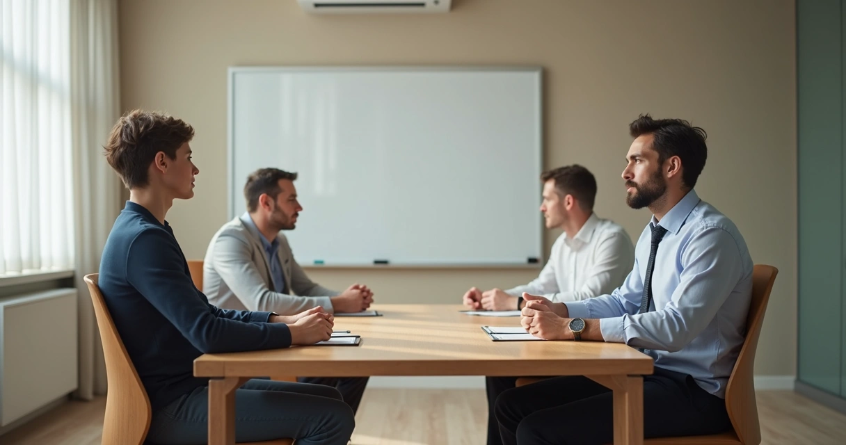 Grupo en reunión con una persona sentada con postura segura