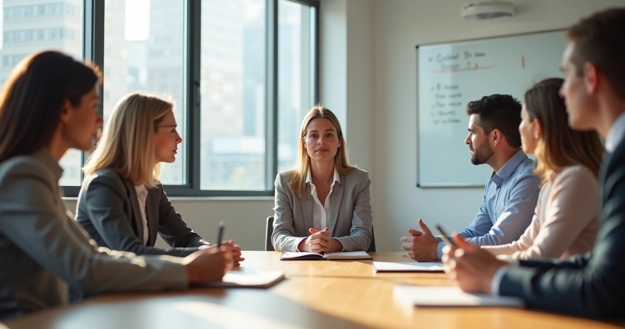 Lider guiando una reunión consciente con postura relajada y atenta en una sala moderna 