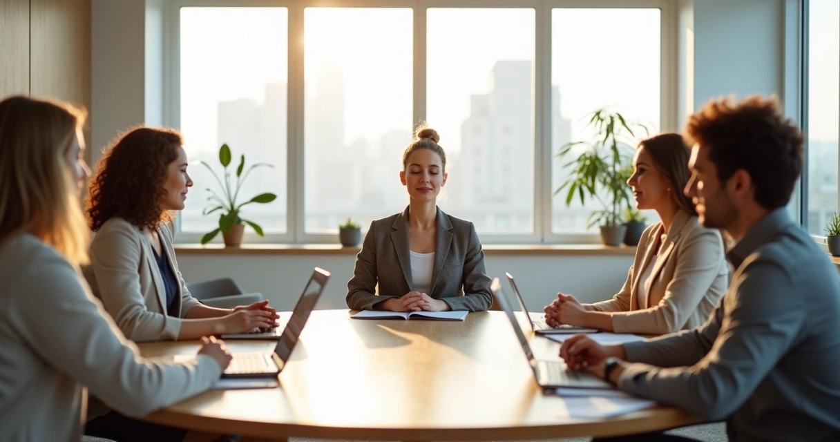 Personas en reunión de trabajo practicando presencia consciente alrededor de una mesa redonda 