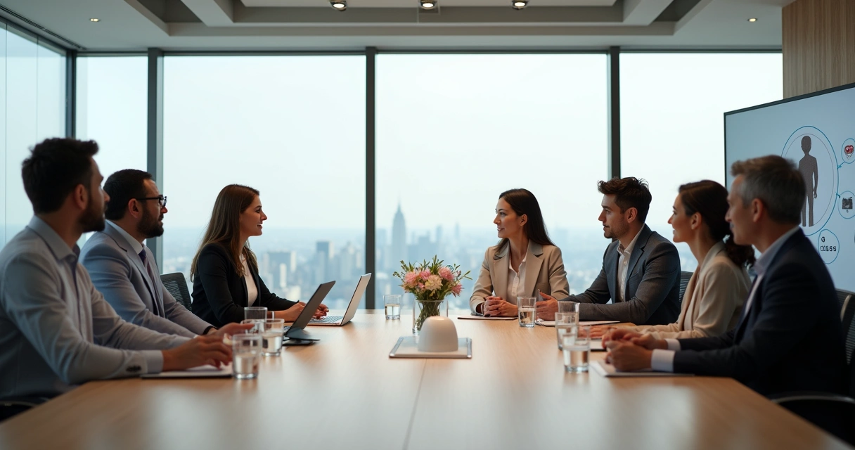 Equipo directivo en reunión estratégica con enfoque consciente 