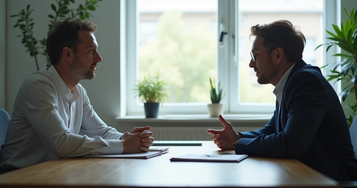 Persona conversando sobre dirección profesional en una reunión tranquila