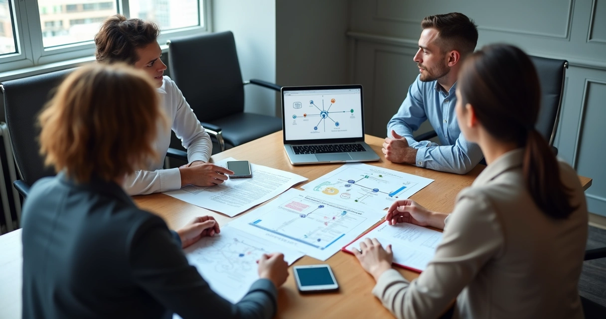 Personas revisando conexiones en una reunión de trabajo 