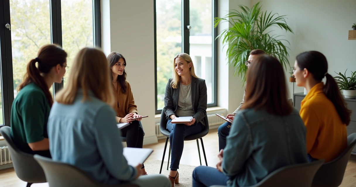 Personas sentadas en círculo en una reunión de reflexión en oficina moderna 