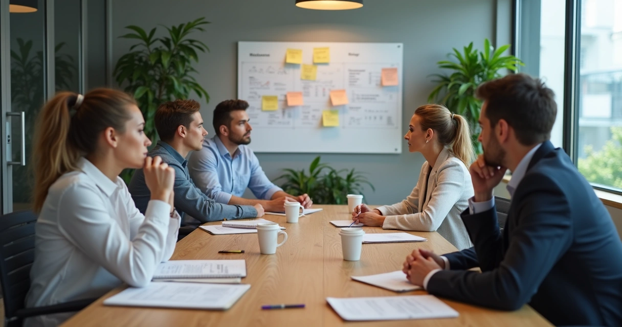 Equipo revisando notas en una reunión tranquila