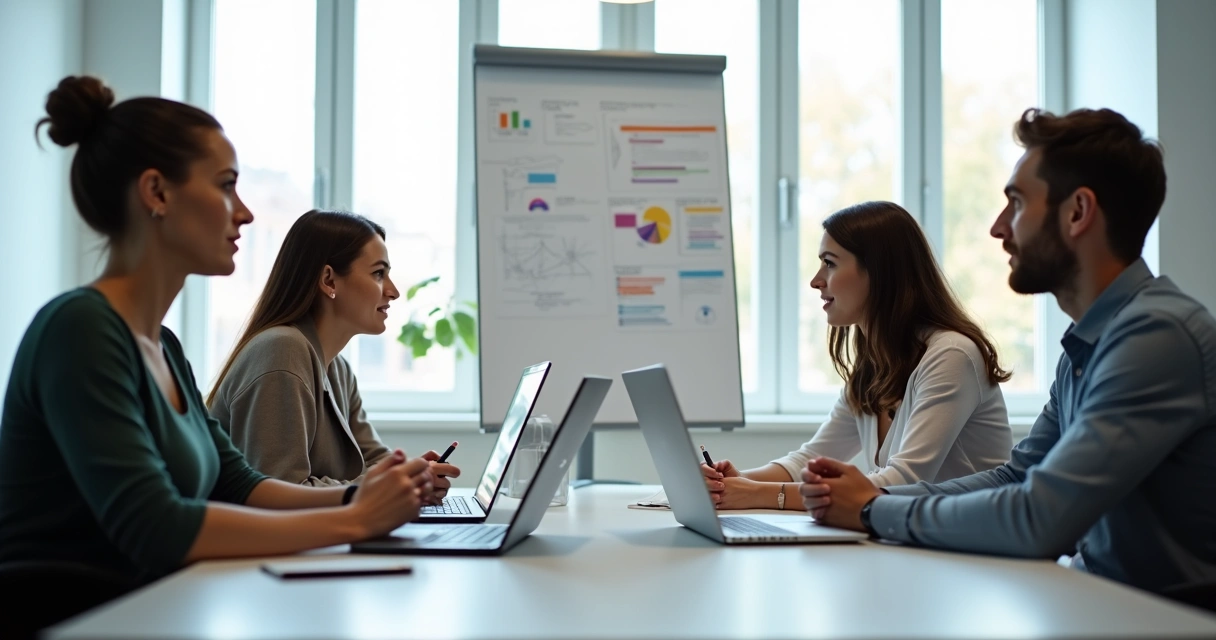Grupo en una sala de reuniones reflexionando sobre dinámicas de equipo 