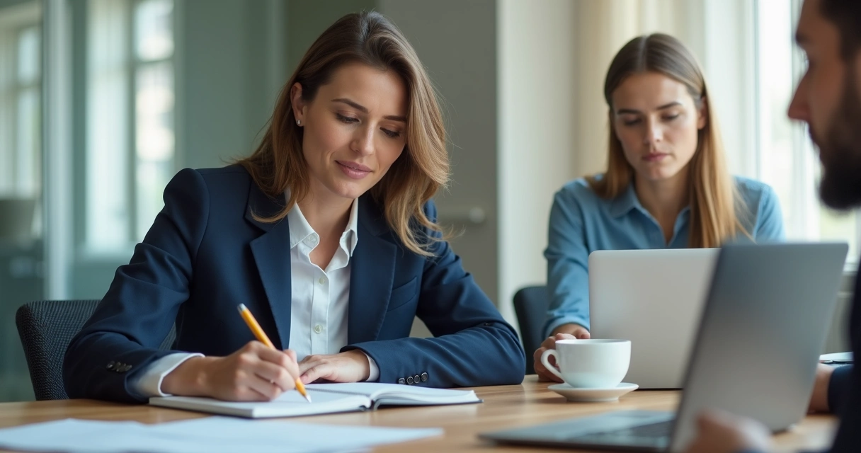 Persona tomando notas en una reunión de trabajo con gesto reflexivo 