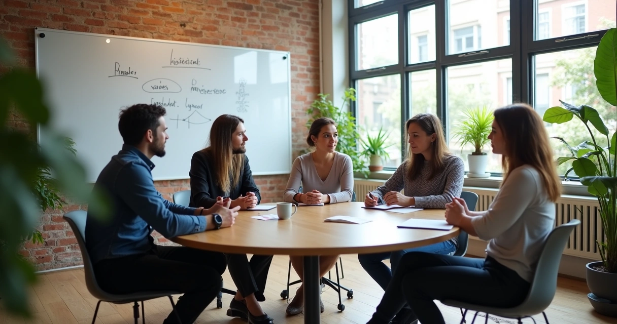 Reunión reflexiva en oficina moderna enfocada en cultura organizacional 